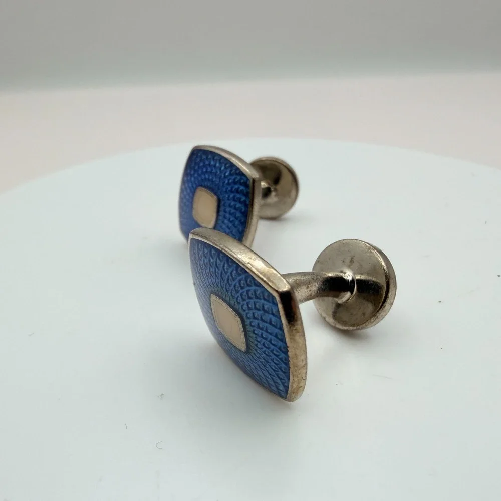 Vintage 90s Silver Tone Men Cufflink Stud Set Blue Red Enamel Jewelry